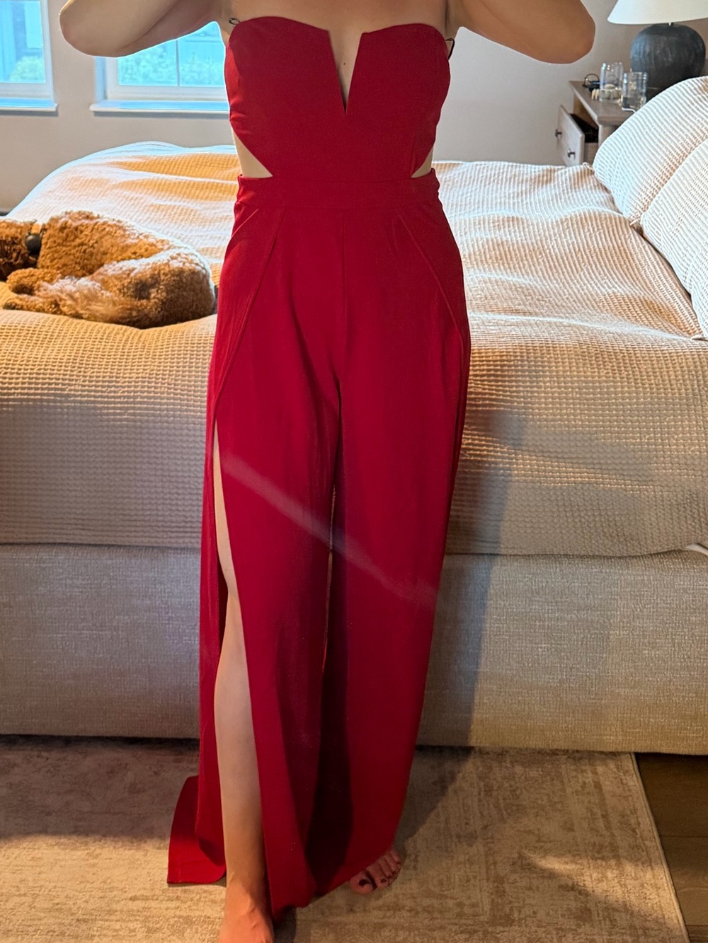 Symphony Strapless Red Jumpsuit with Front Slits